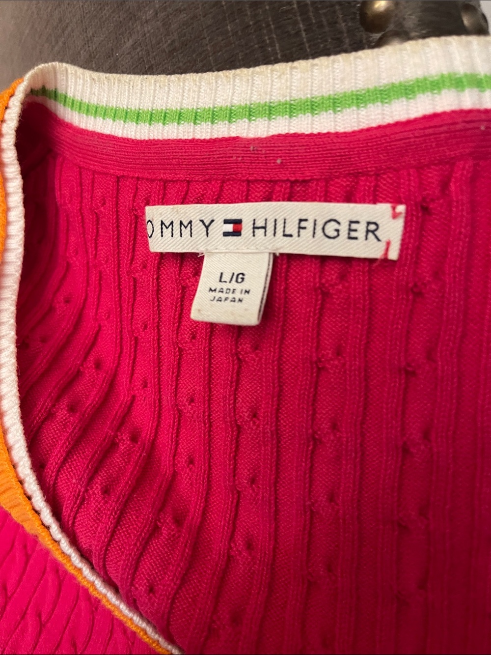 Tommy Hilfiger V-Neck Cable Knit Sweater in Hot Pink with Orange & White Trim - Picture 6 of 6
